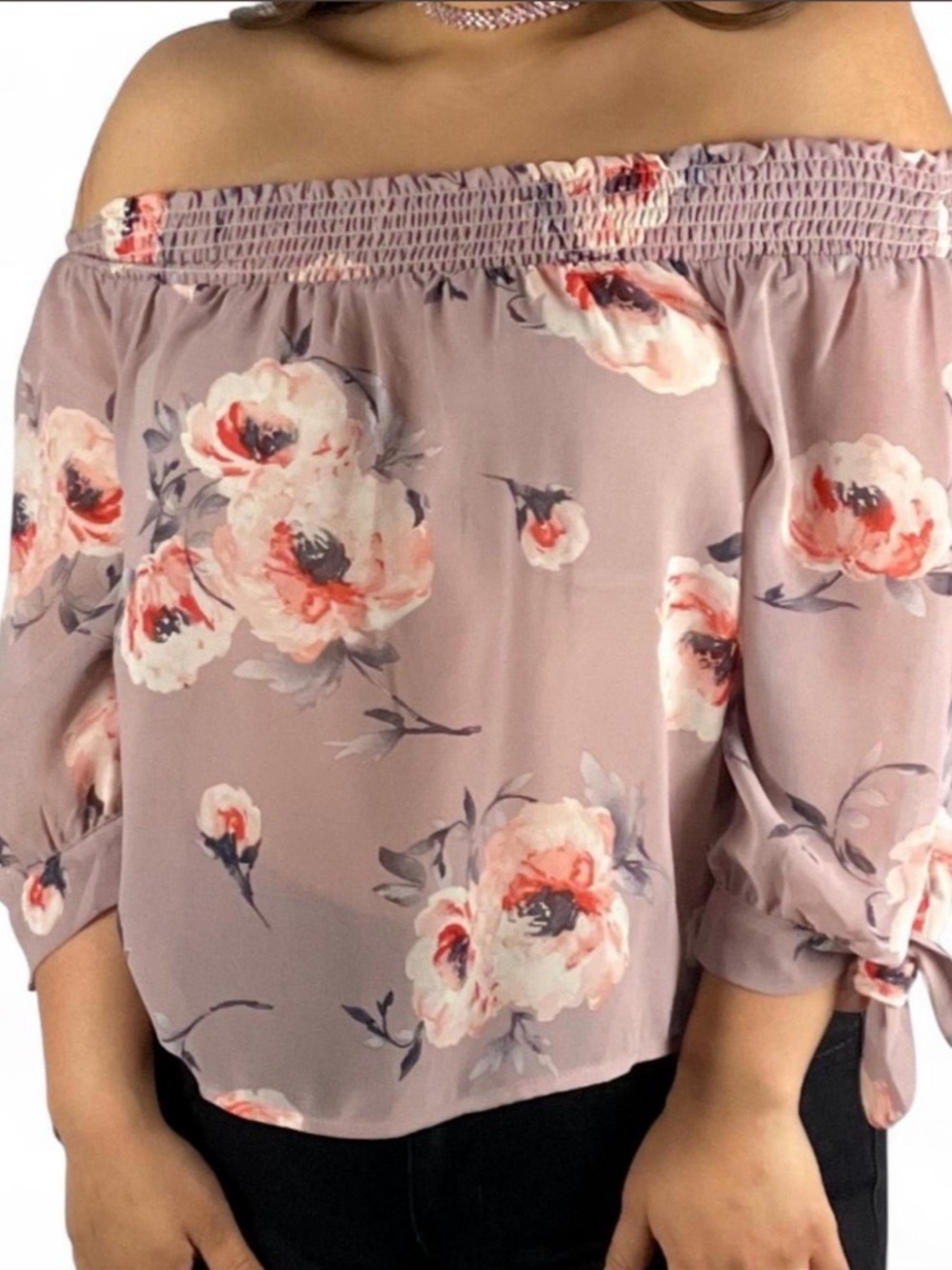 Dusty mauve floral off-the-shoulder blouse